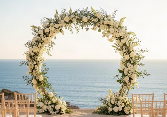 Arco floral ligero con flores blancas frente al horizonte de la Costa del Sol