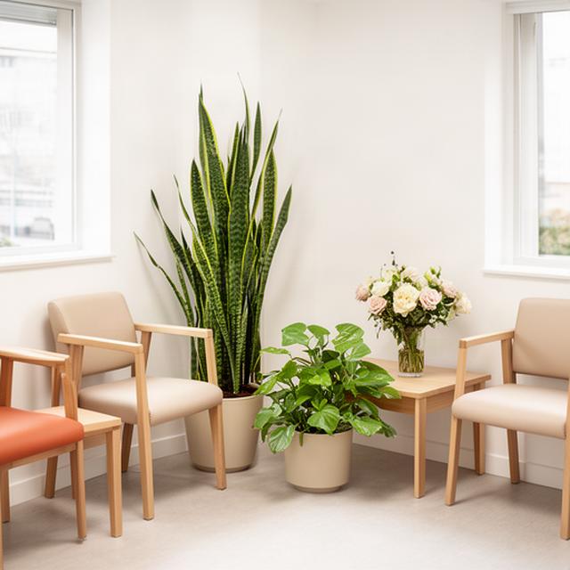 Sala de espera de una clínica dental con sansevieria, potos y arreglo floral discreto