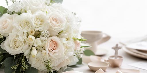 Arreglo floral blanco para una comunión junto a detalles delicados de ceremonia