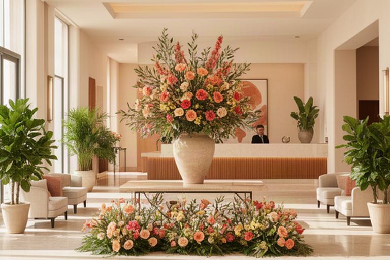 Lobby de hotel mediterráneo con recepción y gran centro floral de temporada