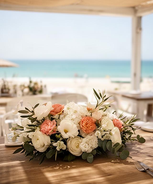Centro floral mediterráneo sobre mesa de terraza en un chiringuito de playa de la Costa del Sol