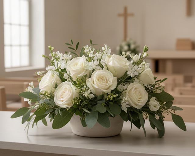Centro floral blanco con rosas y follaje para una sala de velatorio