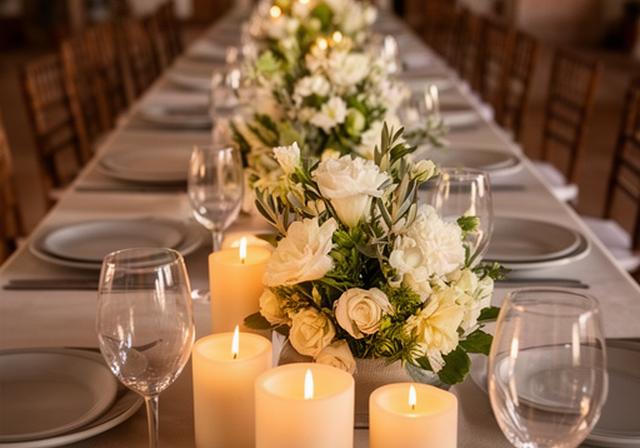 Centro de mesa de boda con flores de temporada andaluzas y velas en una finca de Málaga