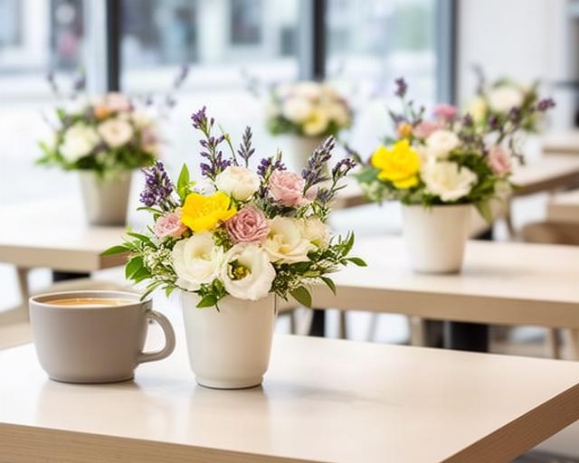 Pequeños centros de mesa con flores de temporada en una cafetería de especialidad luminosa