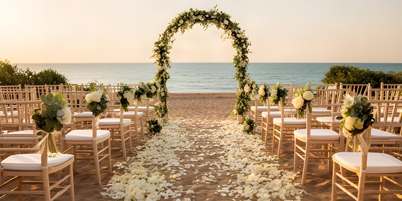 Decoración floral de una boda en la playa con sillas claras y pétalos sobre la arena