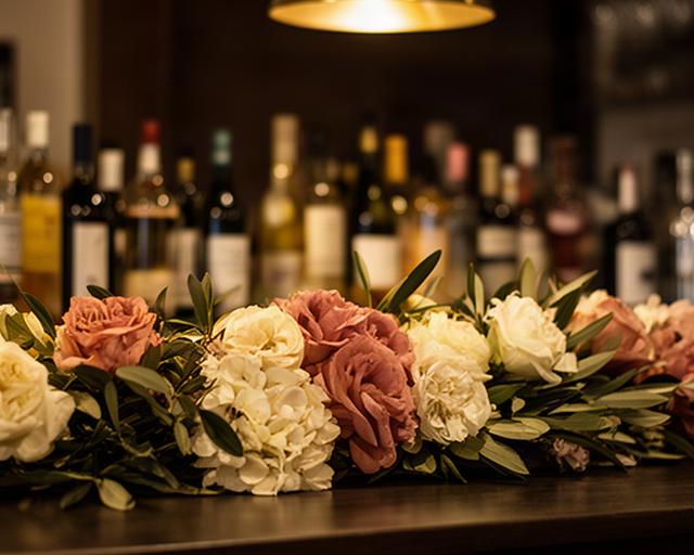 Arreglo floral bajo en la barra de un restaurante de Benalmádena con botellas y luz cálida