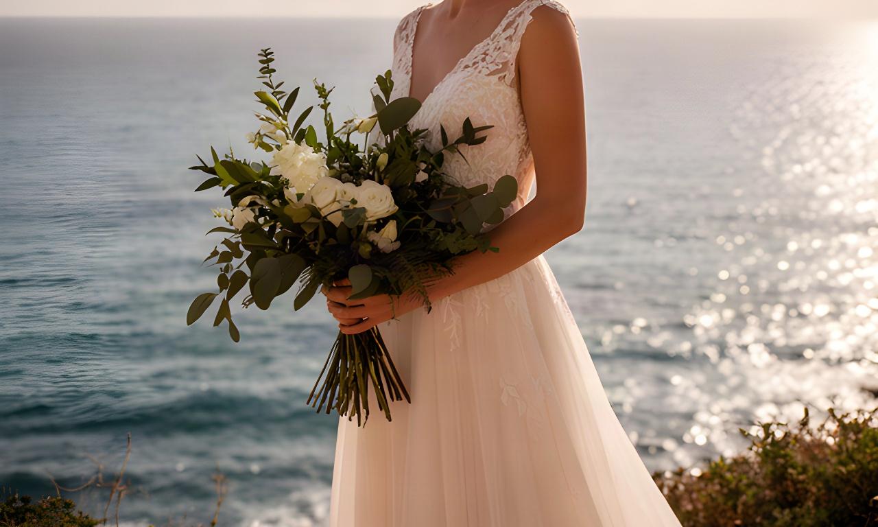 Novia con ramo silvestre frente al mar de Benalmádena durante una ceremonia íntima