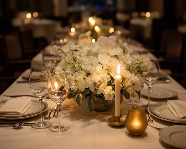 Mesa preparada para una cena especial en restaurante con flores blancas y velas