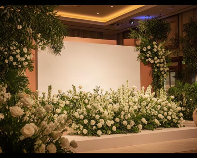 Escenario de evento corporativo en la Costa del Sol con arreglos florales blancos, follaje verde y luz cálida
