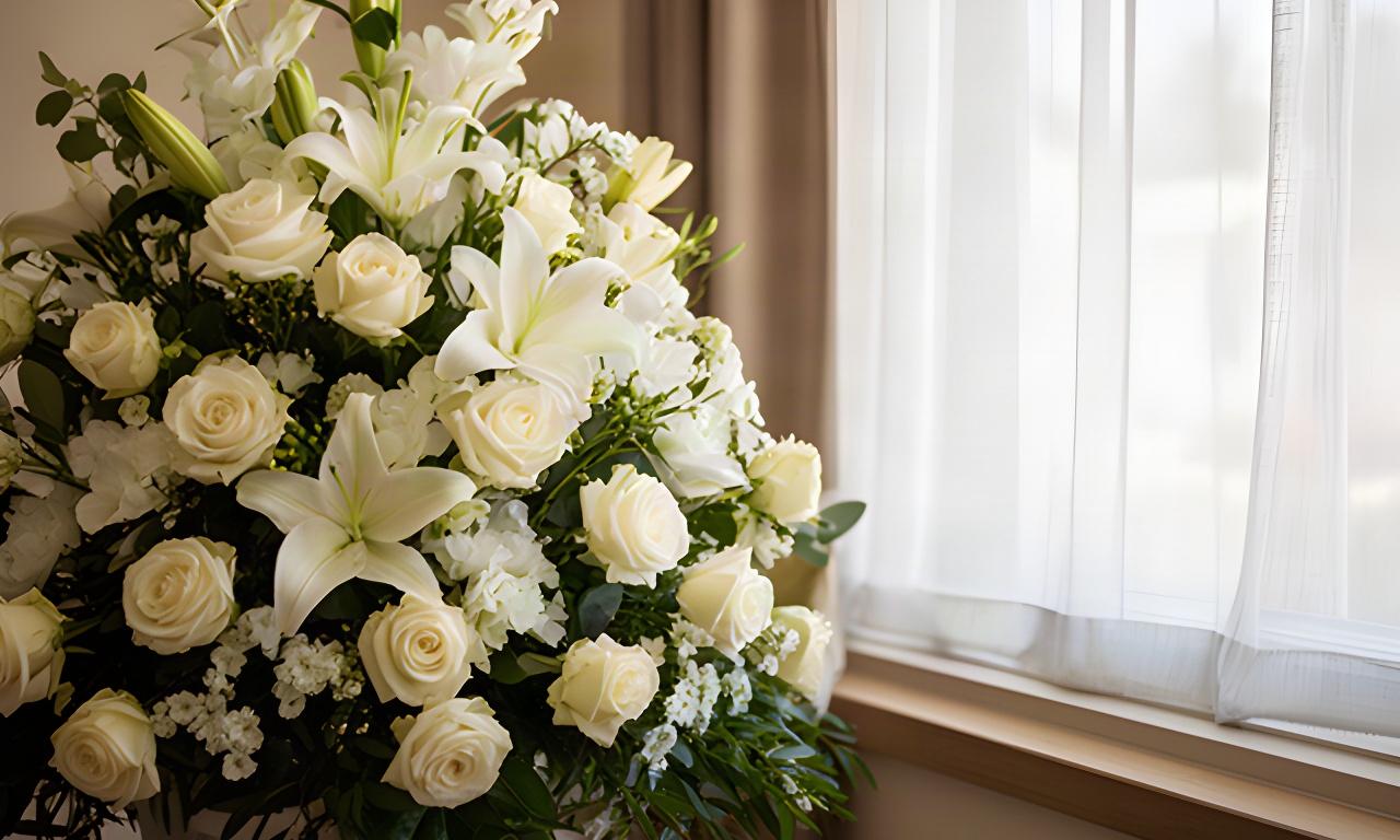 Centro funerario de flores blancas junto a una ventana con luz suave en Benalmádena