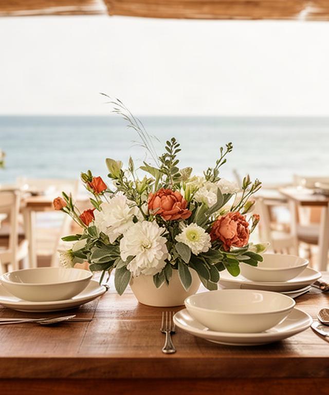 Mesa de madera en un chiringuito de Benalmádena con centro floral mediterráneo, vajilla clara y vista al mar