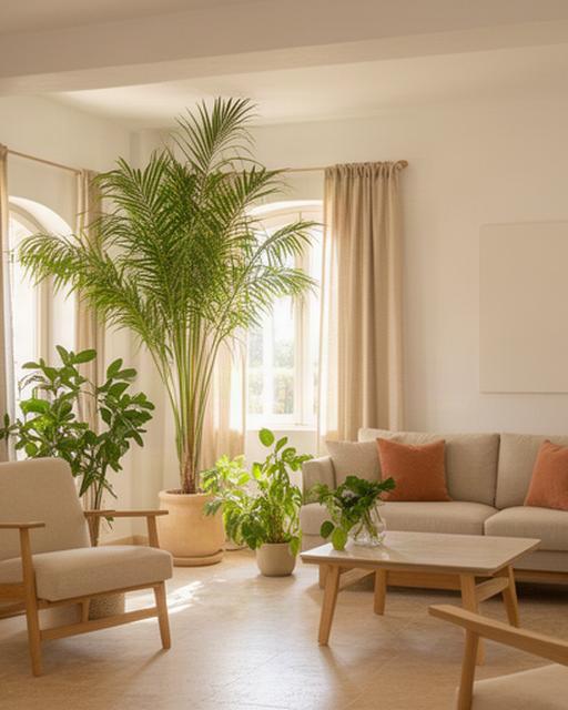Salón luminoso preparado para una visita inmobiliaria con palmera de interior y plantas verdes