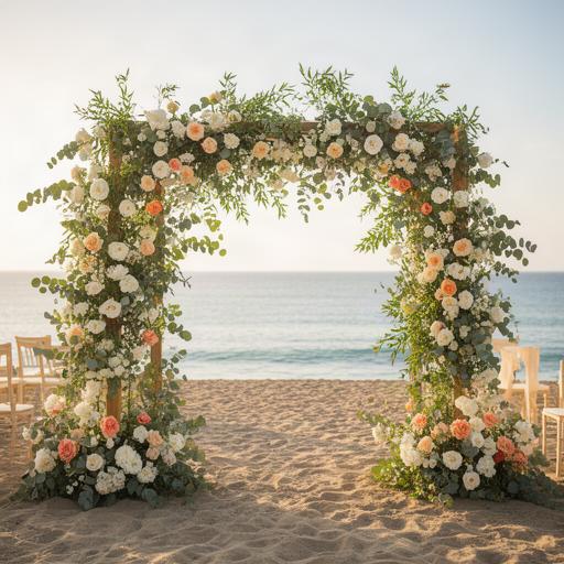 Arco floral para ceremonia de boda instalado sobre la arena de la Costa del Sol