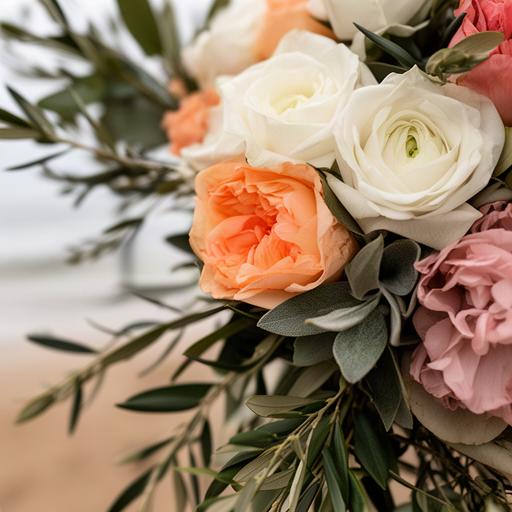 Detalle de flores de temporada y ramas verdes en una celebración costera