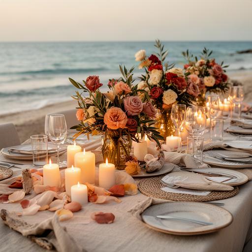 Mesa de boda en la playa con centros florales mediterráneos y velas
