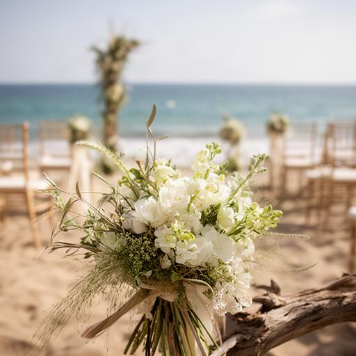 Ramo de novia silvestre con flores blancas junto a una ceremonia frente al mar
