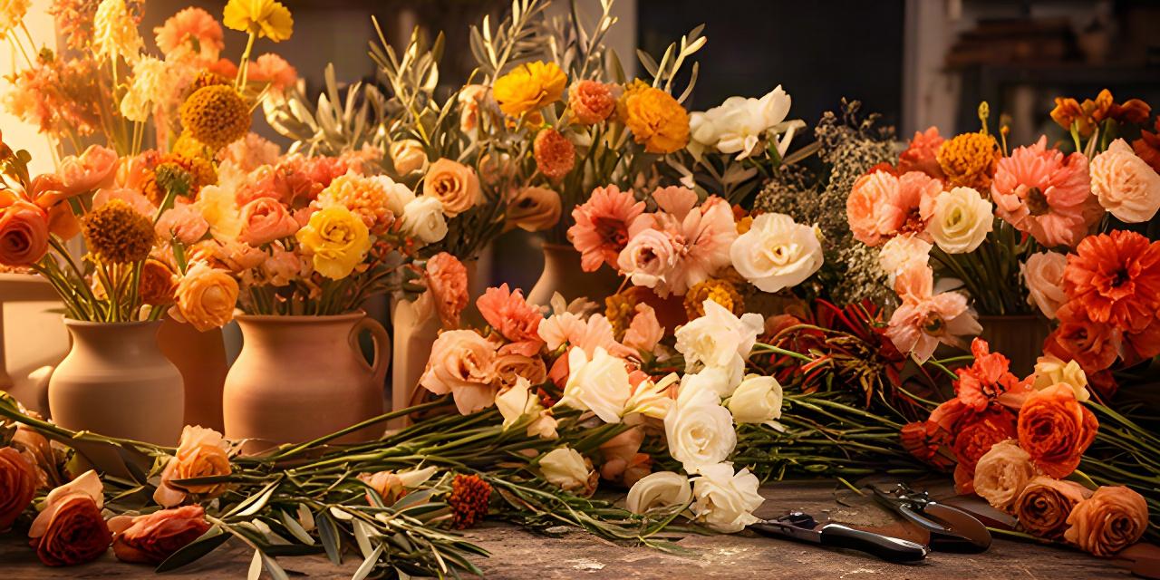 Composición de flores mediterráneas de colores cálidos en un taller de la Costa del Sol