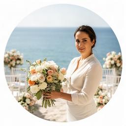 Especialista en bodas revisando una composición floral para una ceremonia junto al mar