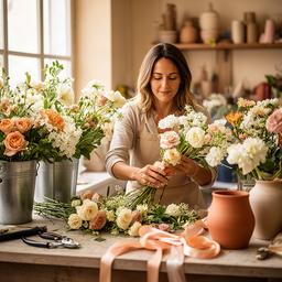 Diseñadora floral trabajando con flores de temporada en el taller de Benalmádena