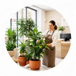 Especialista colocando plantas de interior en una recepción luminosa de Málaga