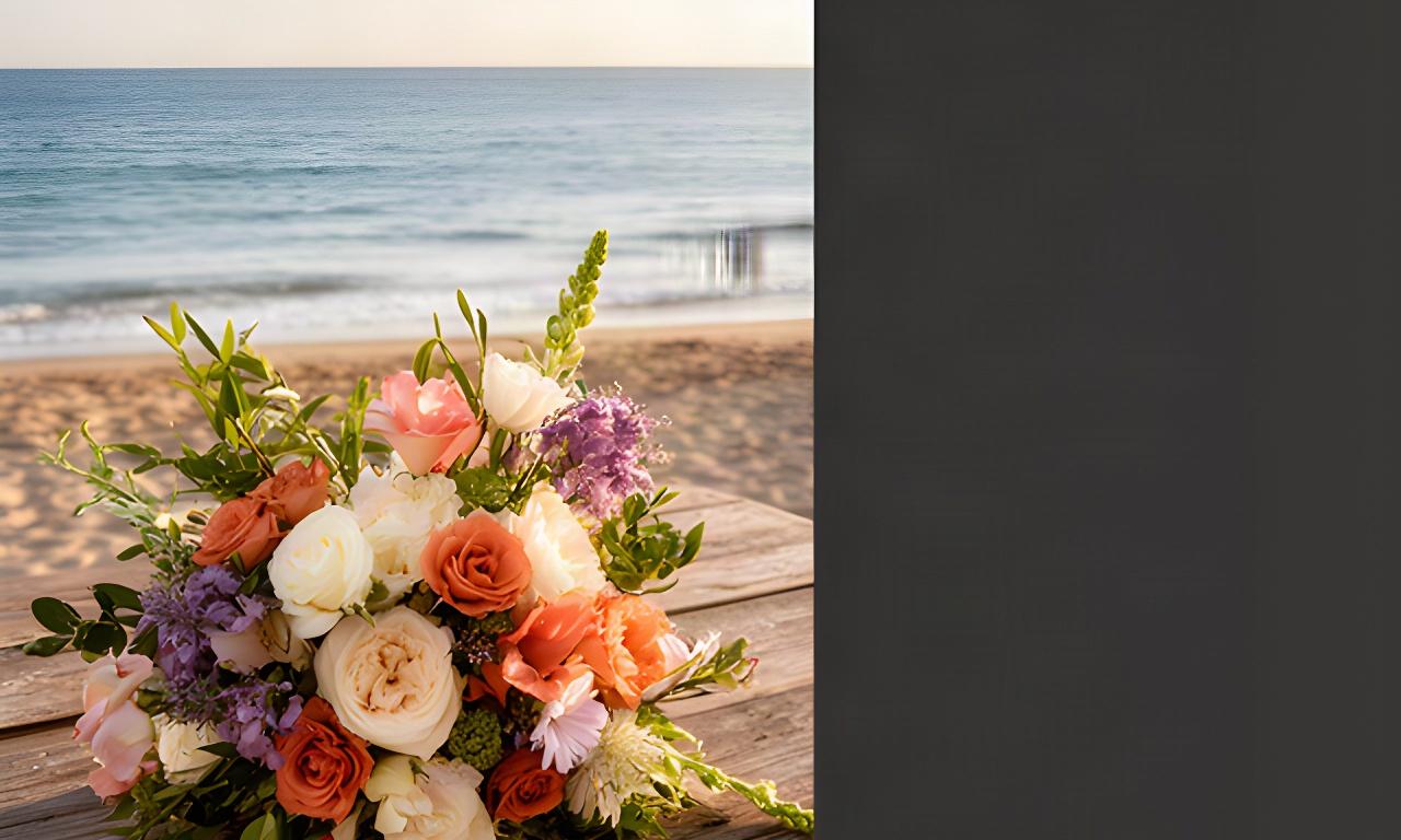 Ramo de flores frescas sobre una mesa de madera frente a la playa de Benalmádena