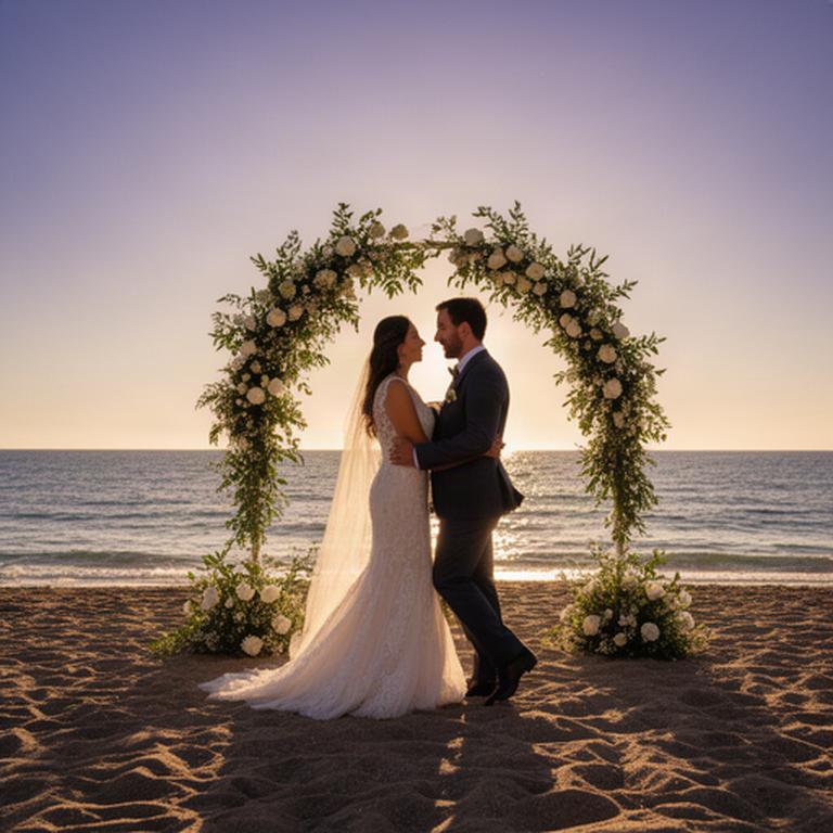 Pareja recién casada junto a un arco floral en la playa de Fuengirola al atardecer