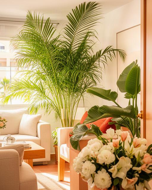 Salón de piso en Benalmádena decorado con plantas tropicales y flores frescas para una visita