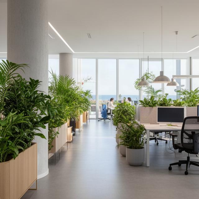 Coworking de Málaga con plantas de interior junto a mesas compartidas y ventanales