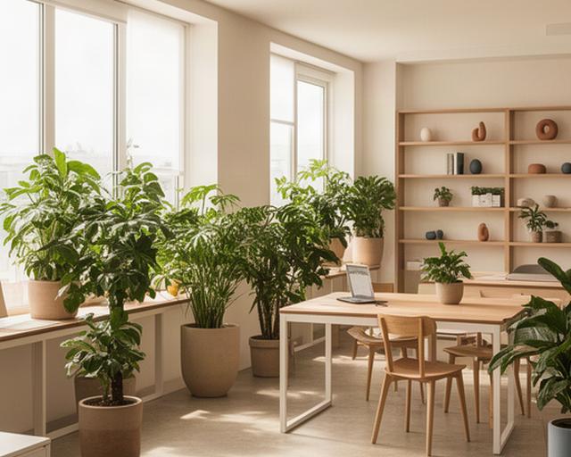Oficina luminosa con plantas de interior junto a escritorios, estanterías y una zona de reunión