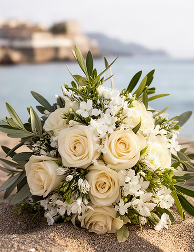 Ramo de novia silvestre con rosas crema y flores blancas junto a la playa de Benalmádena