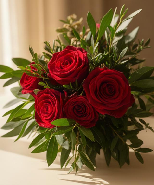 Ramo de rosas rojas frescas con follaje verde para un aniversario en la Costa del Sol