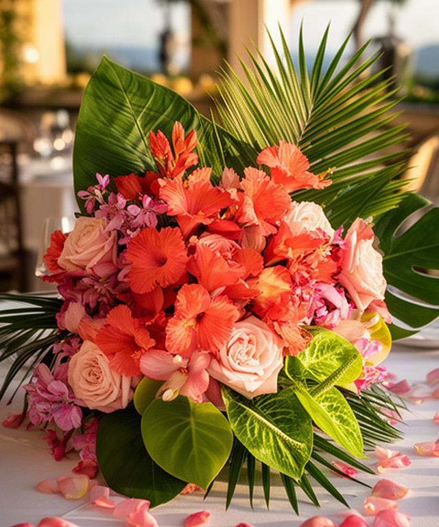 Composición tropical con flores coral y hojas grandes preparada para una pedida de mano