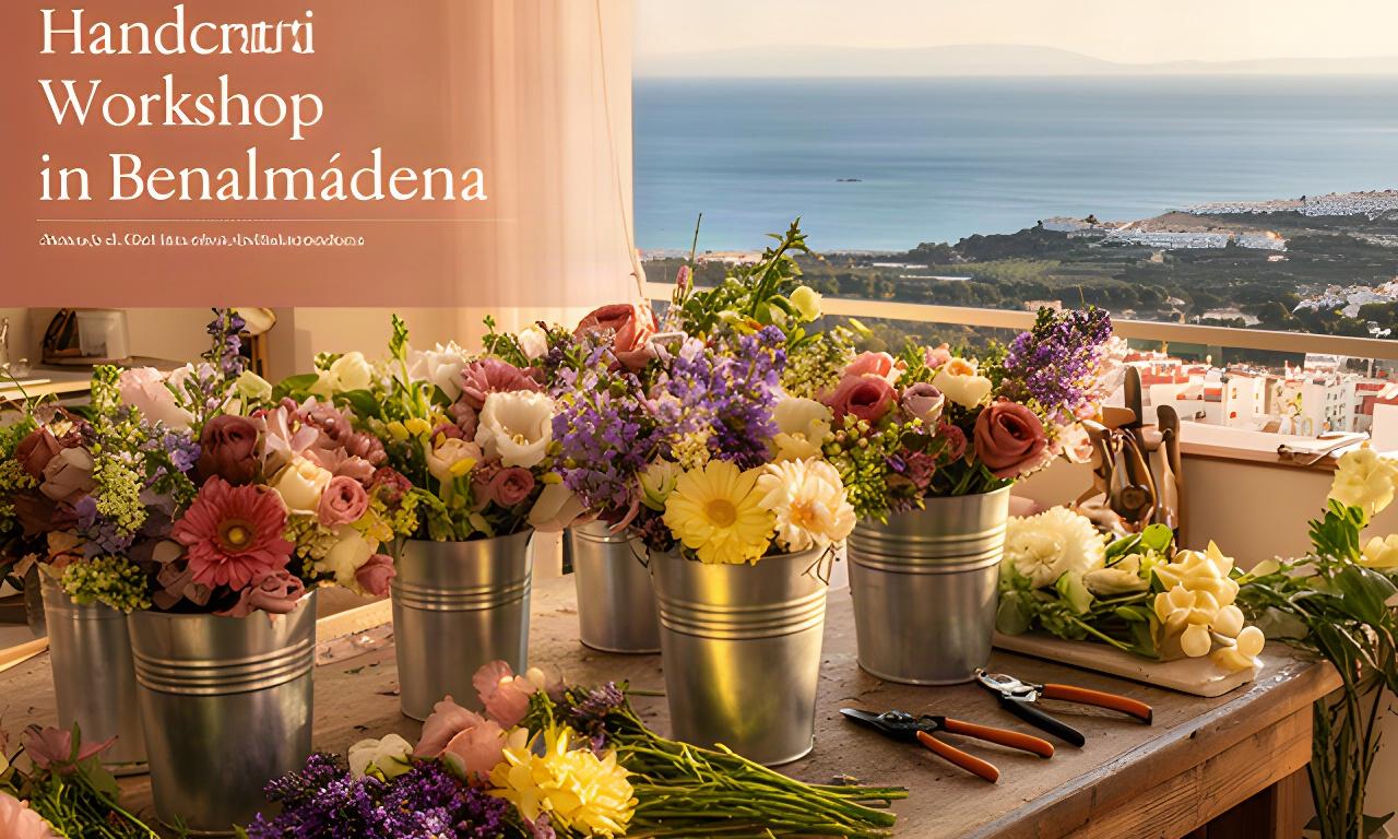 Taller floral de Daniel's Delicada Semilla S.L. con cubos de flores frescas y el mar de Benalmádena al fondo